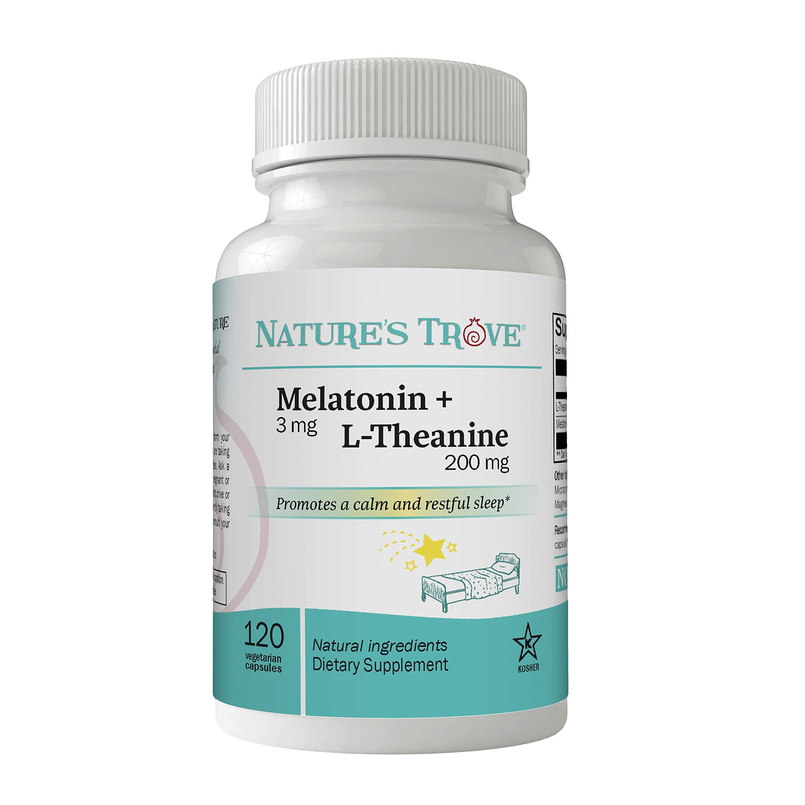 Nature's Trove Melatonina + L-teanina en botella para descanso nocturno suave