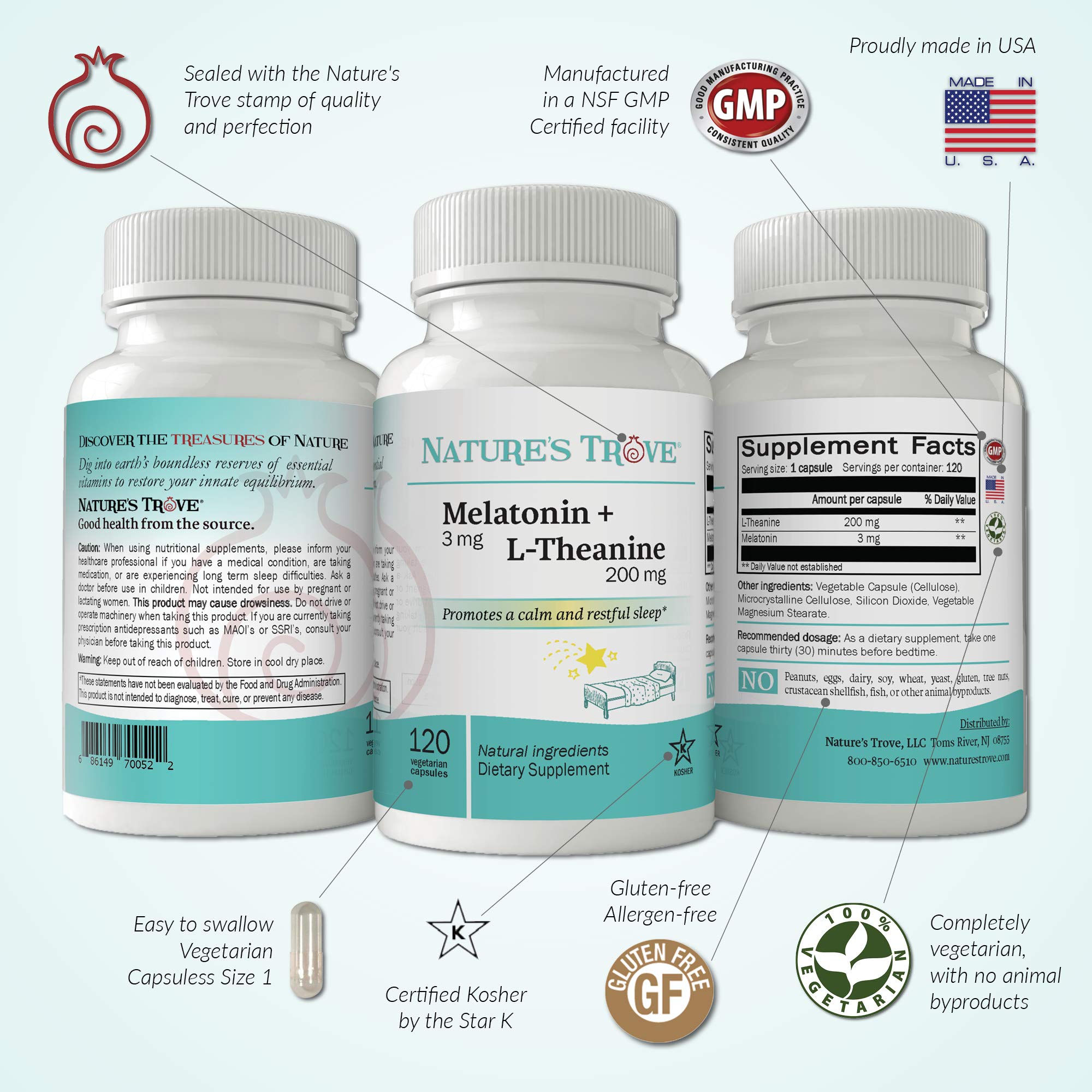 Nature's Trove Melatonina + L-teanina etiqueta de calidad que garantiza pureza y potencia
