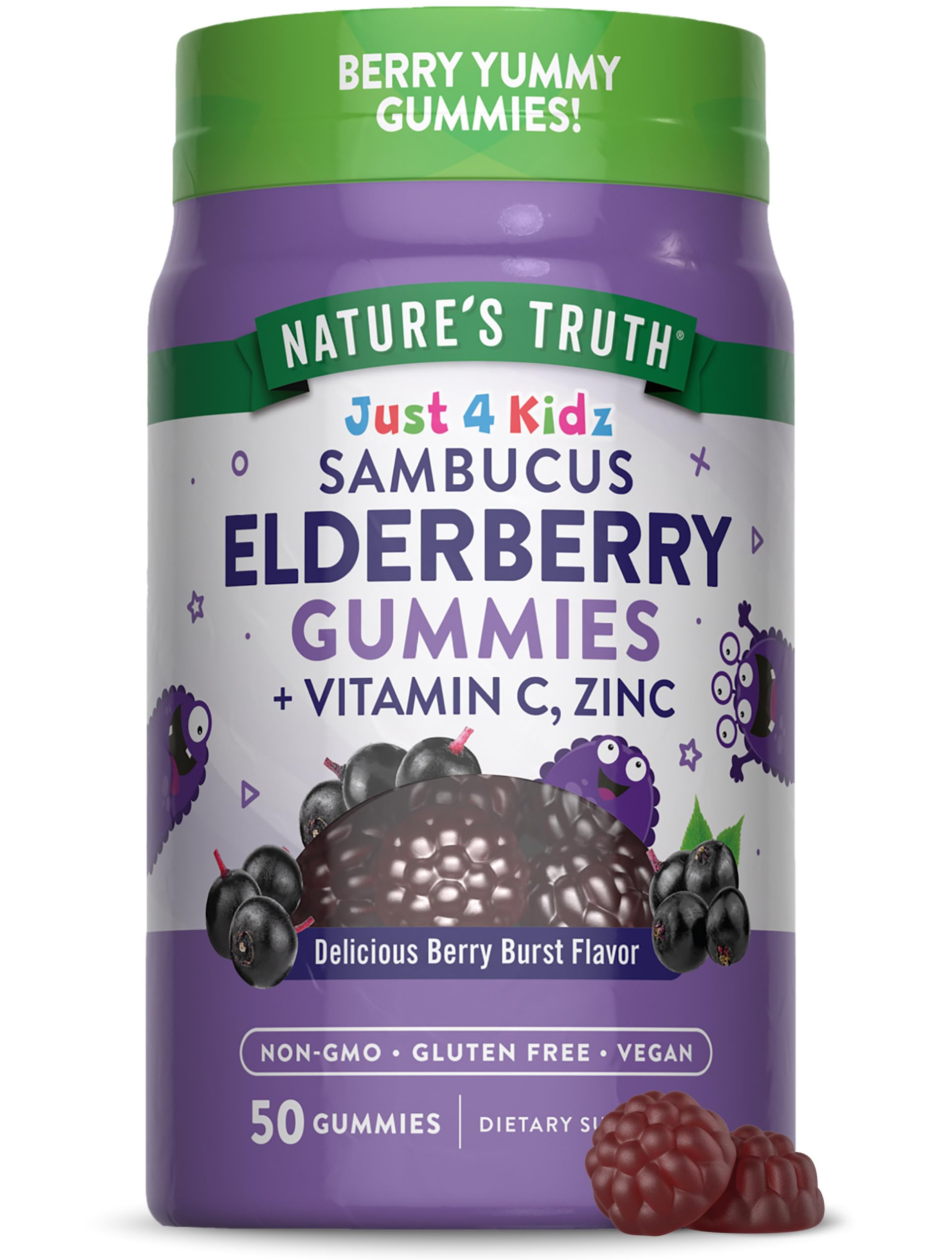 Nature's Truth gominolas para niños con saúco en envase, sabor agradable.