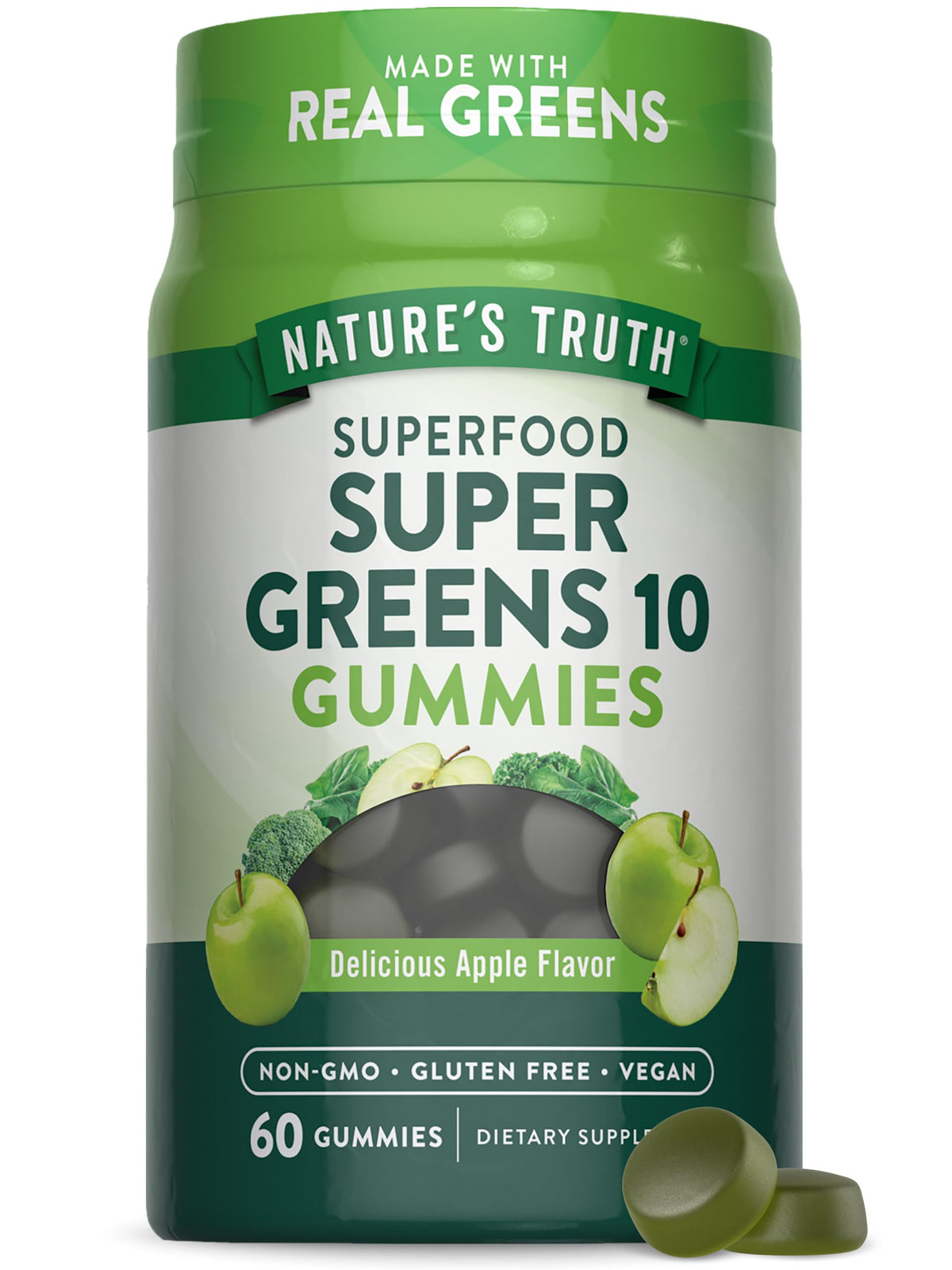 Nature's Truth Super Greens Gummies en botella, gomitas fáciles de consumir día a día.