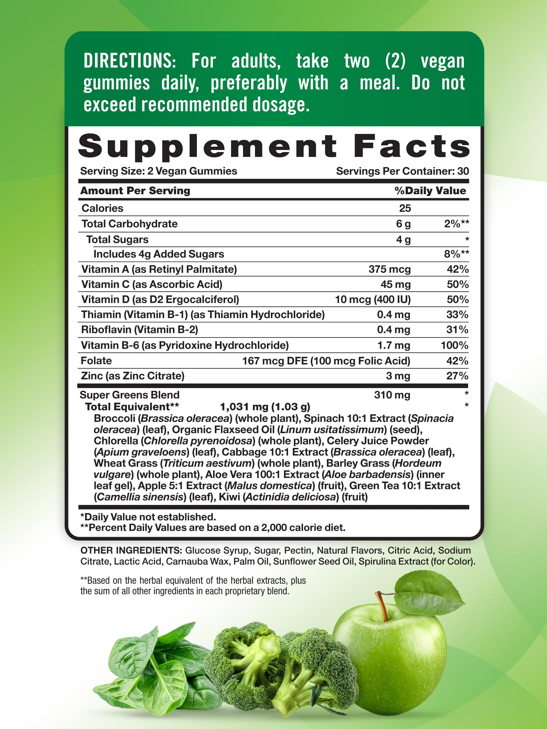 Nature's Truth Super Greens Gummies sabor manzana, snack vegano con vitaminas.