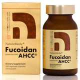 NatureMedic Fucoidan con AHCC: botella y cápsulas, posible apoyo al bienestar diario.