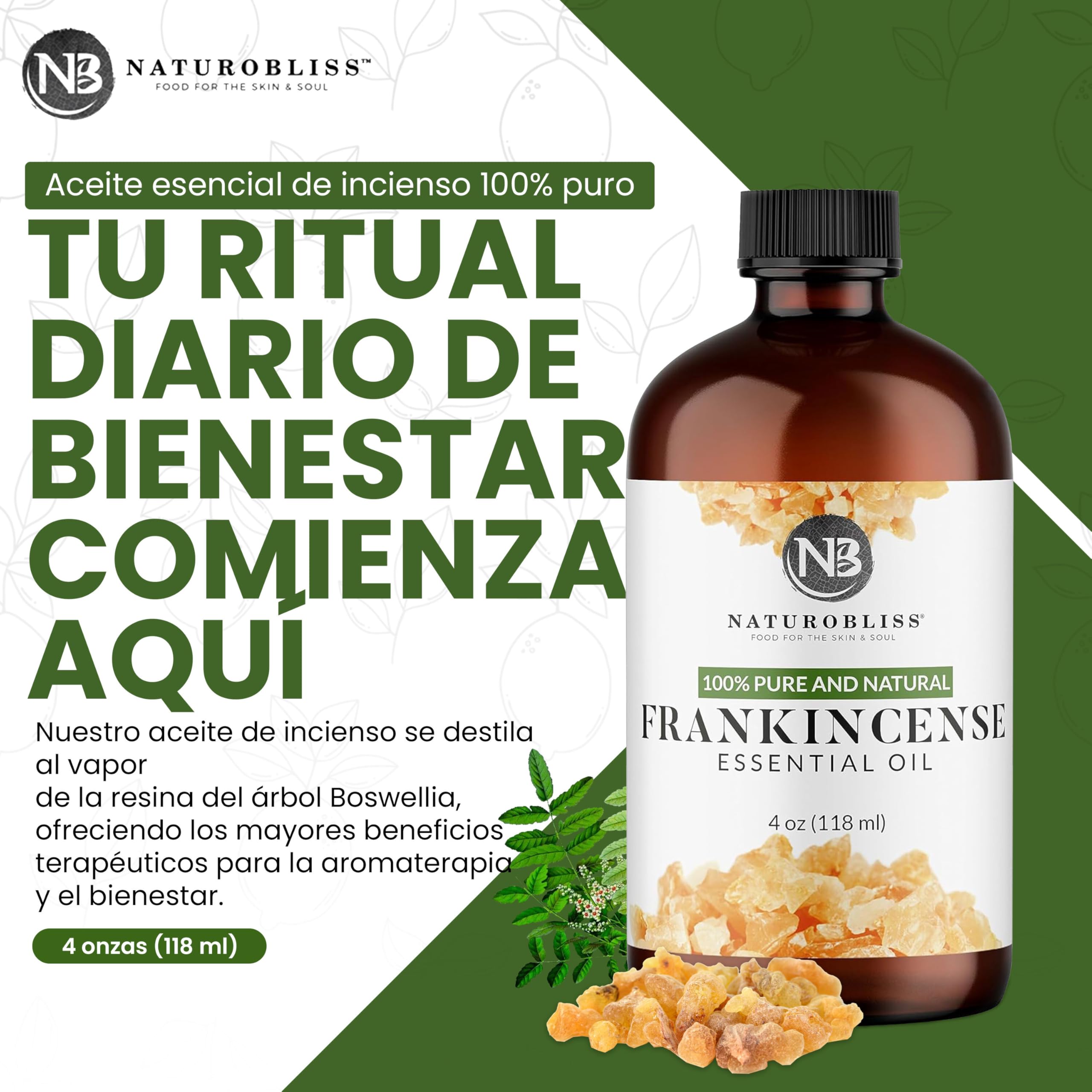 Primer plano de NaturoBliss aceite esencial de incienso mostrando pureza