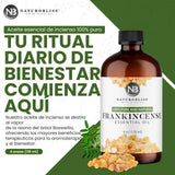 Primer plano de NaturoBliss aceite esencial de incienso mostrando pureza