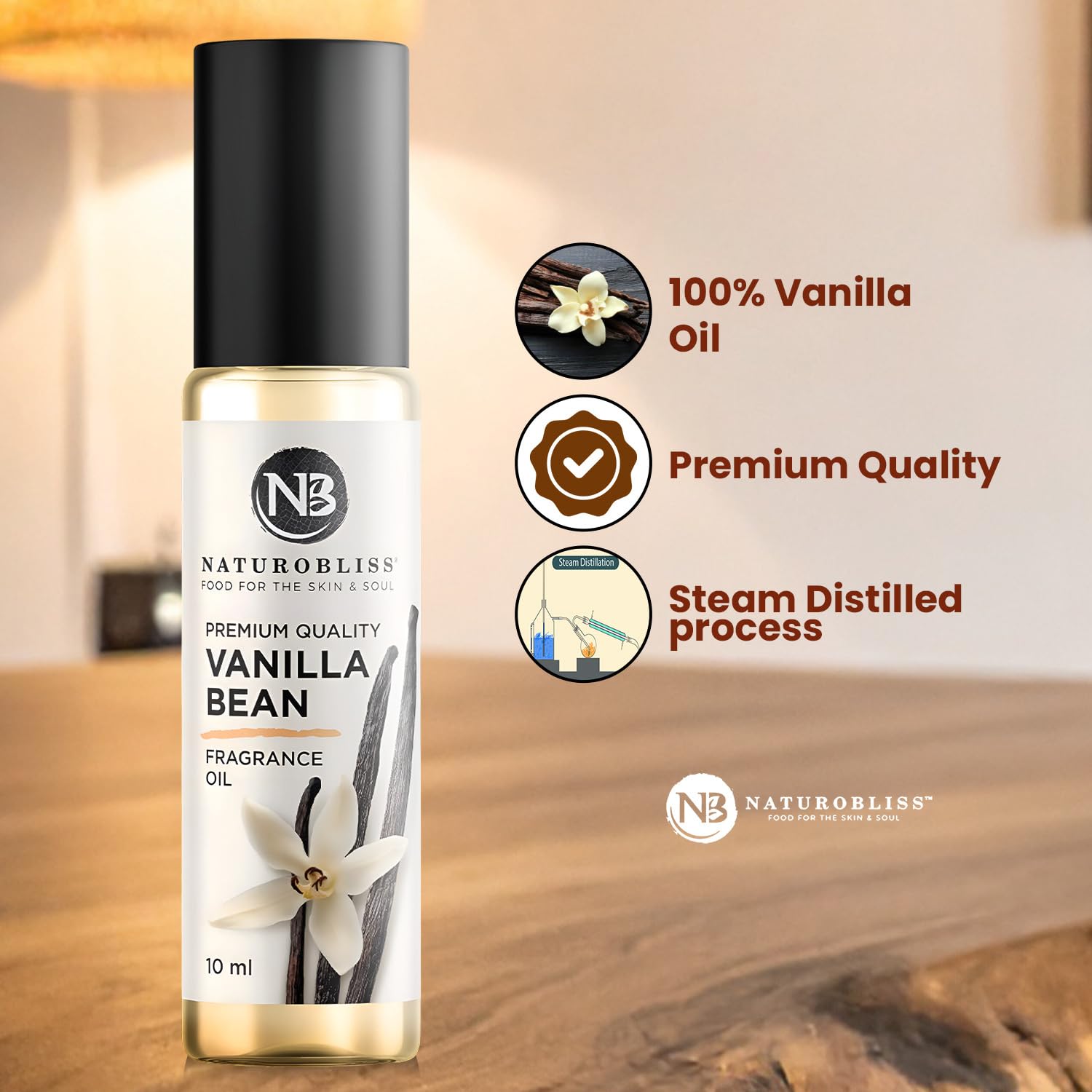 NaturoBliss vainilla: frasco de vidrio para fragancia duradera.