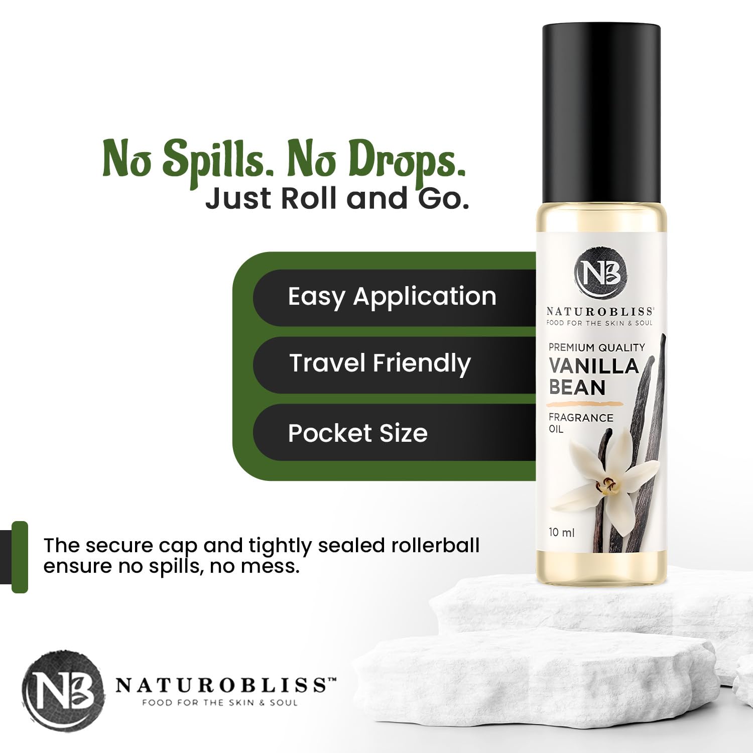 NaturoBliss vainilla roll-on: tapa segura para transporte.
