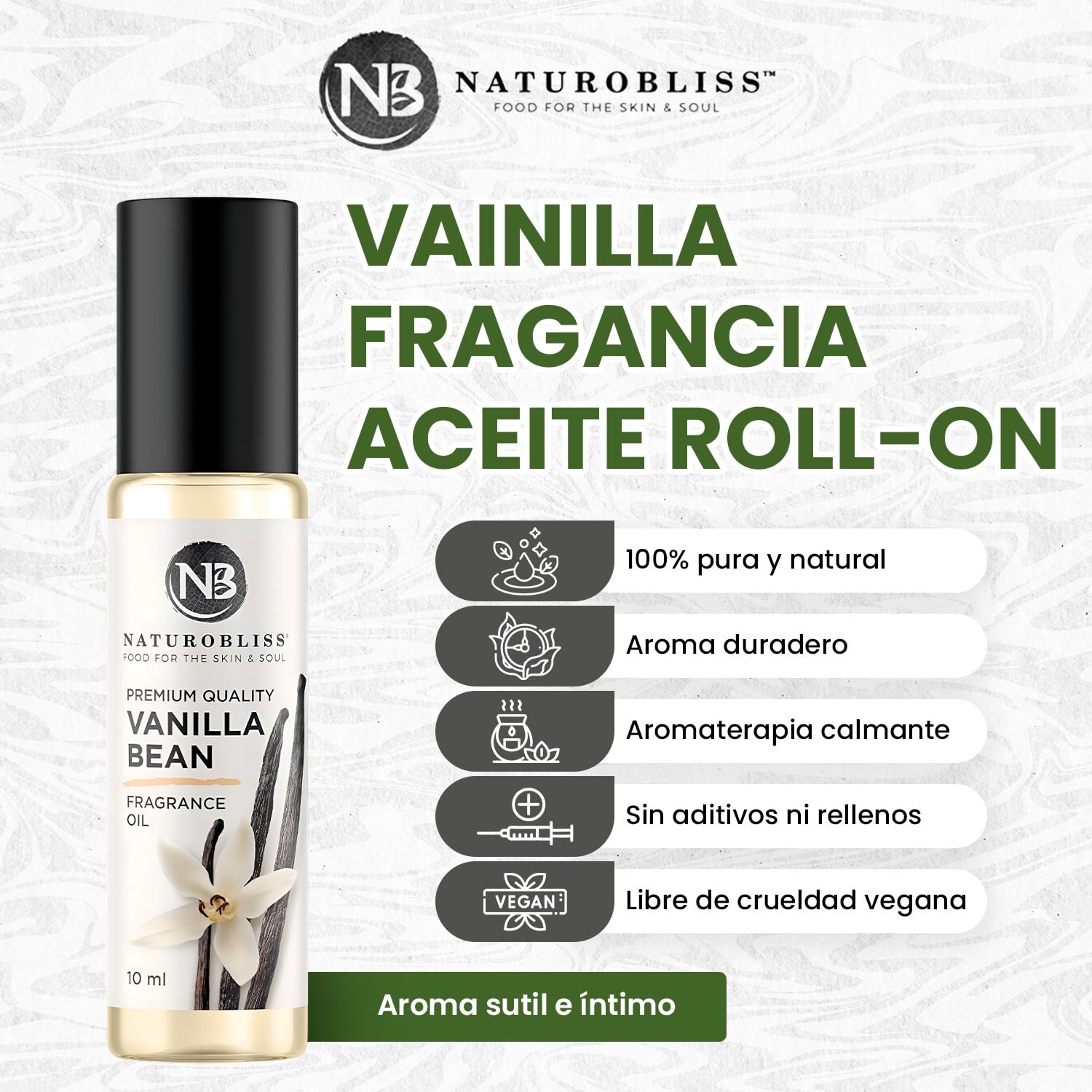 NaturoBliss vainilla roll-on: etiqueta clara para identificar la fragancia.