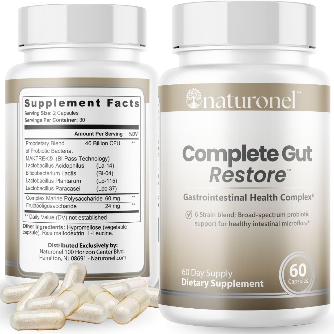 Naturonel Complete Gut Restore frasco frontal con cápsulas para apoyo digestivo diario