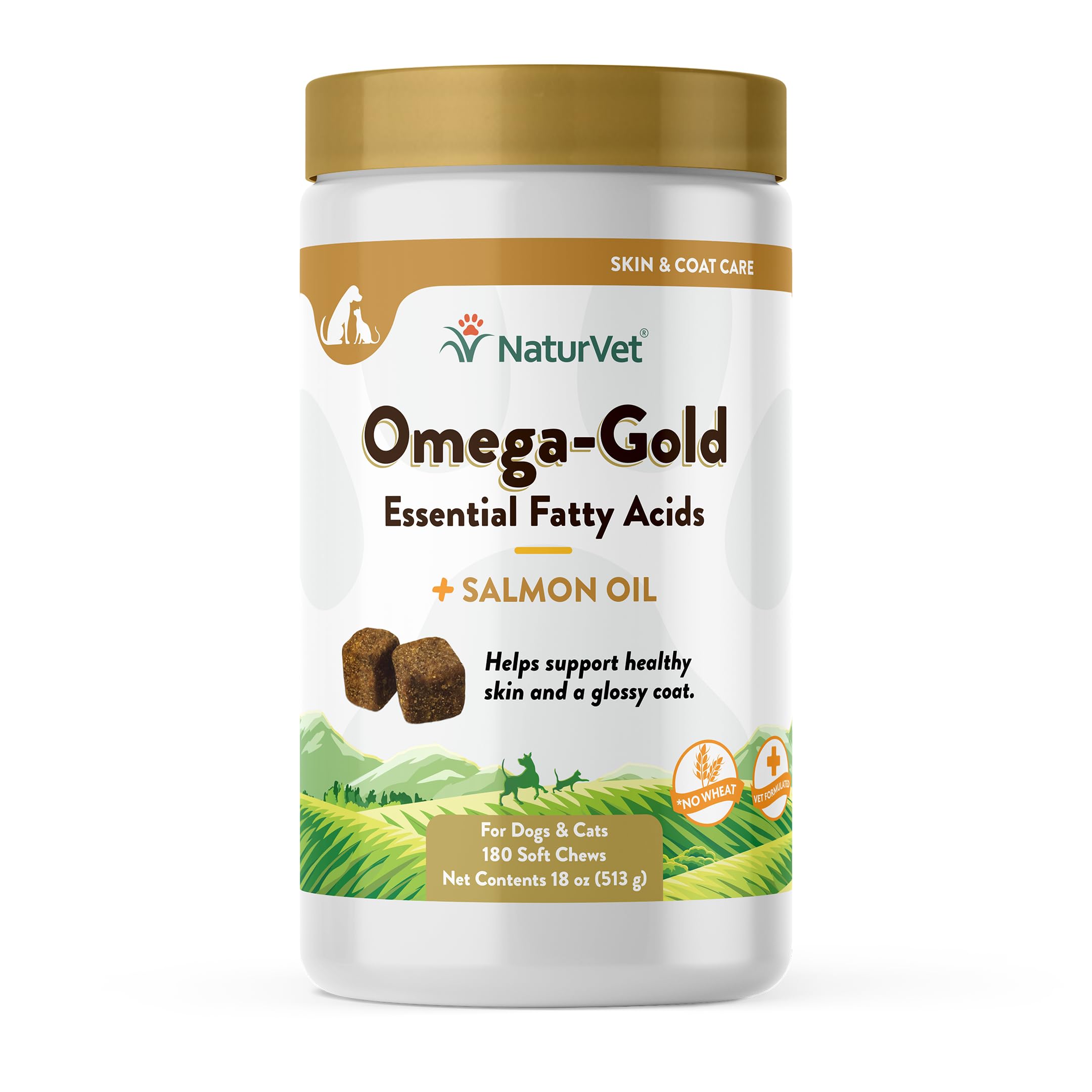 NaturVet Omega-Gold Plus, frasco de gominolas, posible apoyo para piel y pelaje saludables.