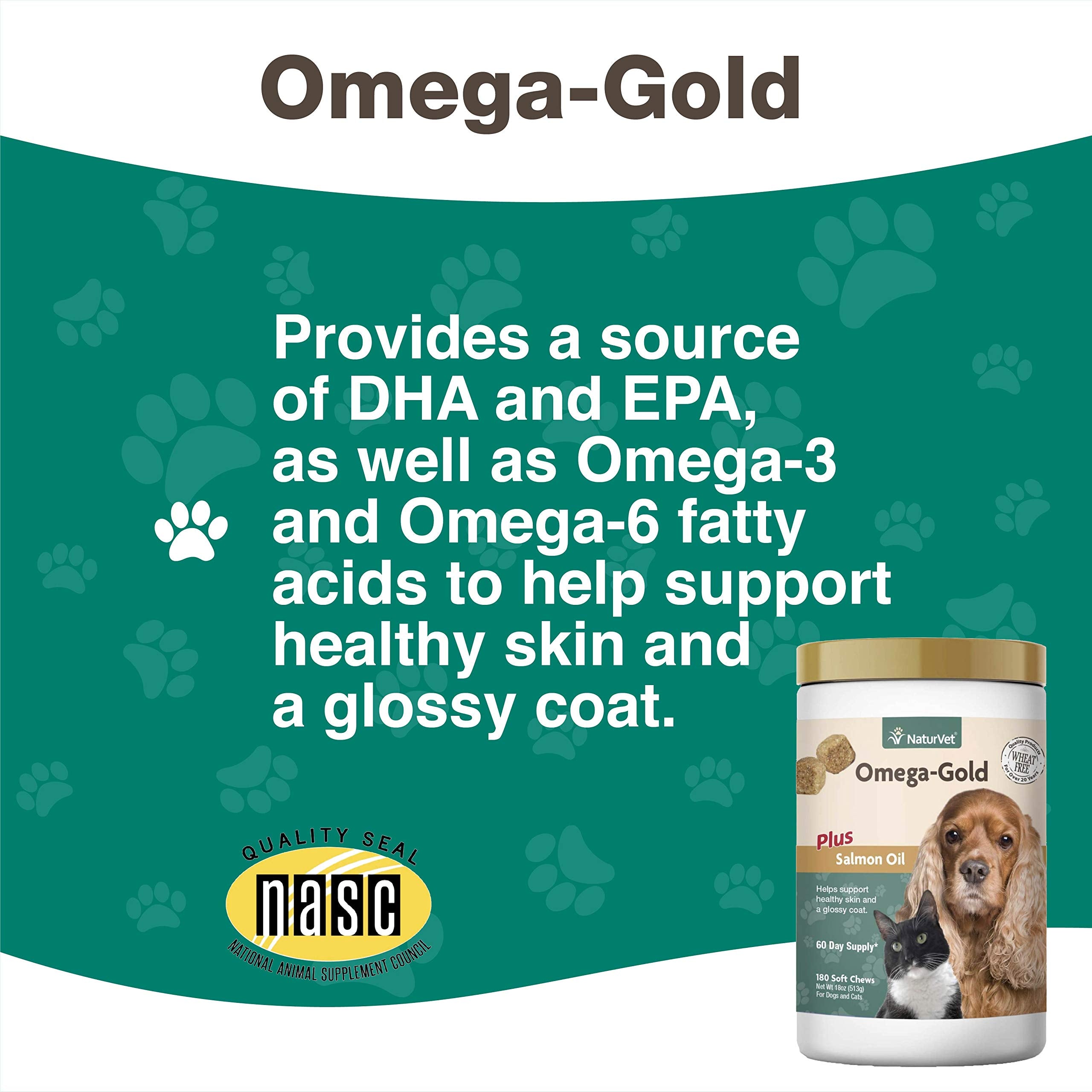 NaturVet Omega-Gold Plus, imagen de ingredientes, DHA y EPA para apoyar el pelaje.