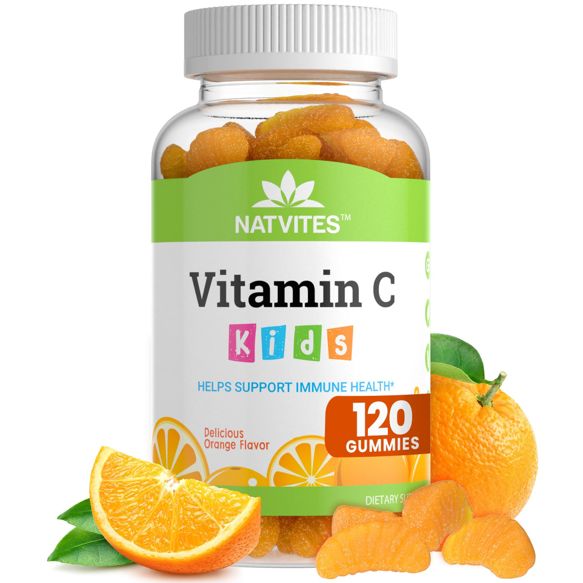 Natvites gomitas para niños, frasco naranja, sabor a naranja, apoyo inmunitario diario.
