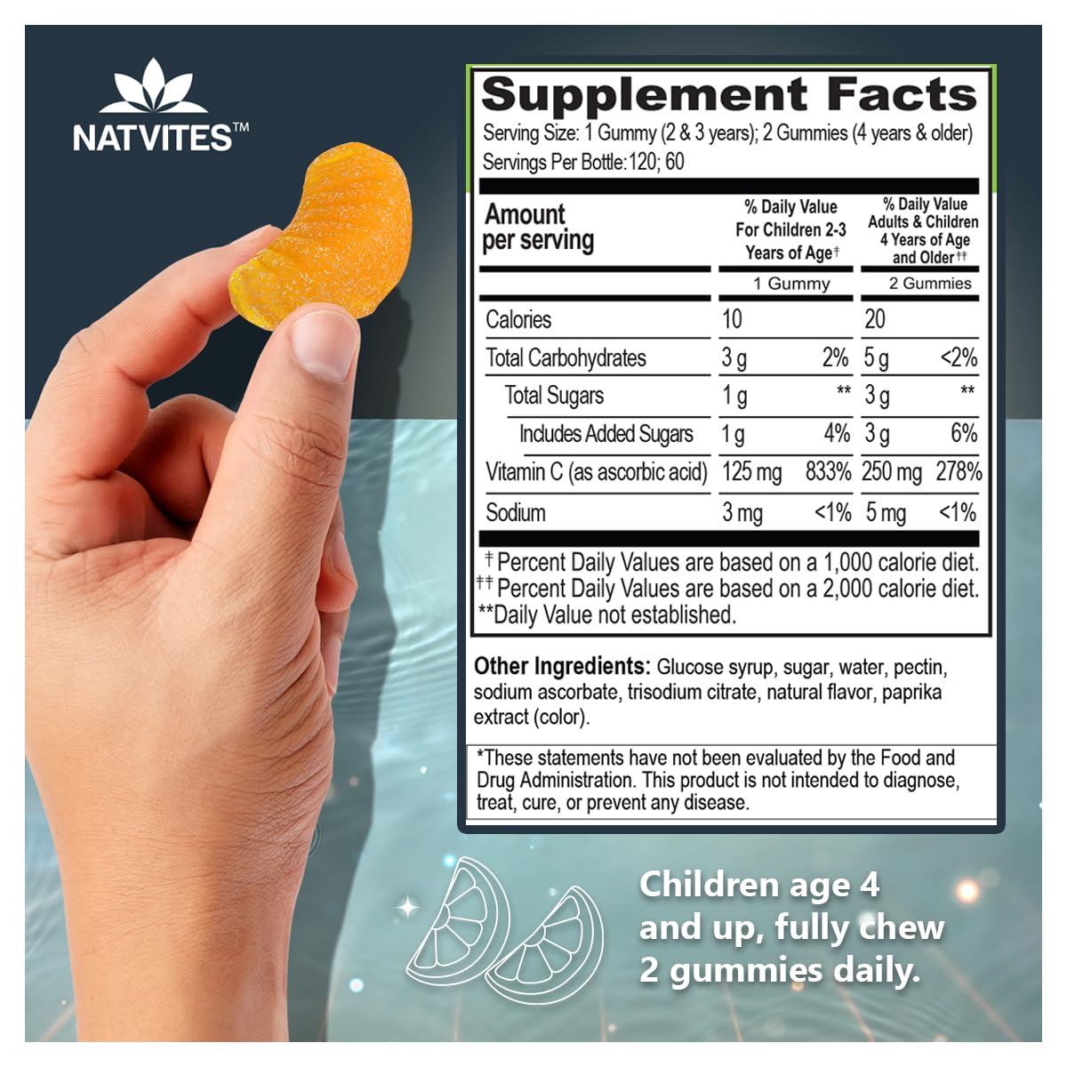 Natvites vitamina C para niños, consumo diario, sabor cítrico.