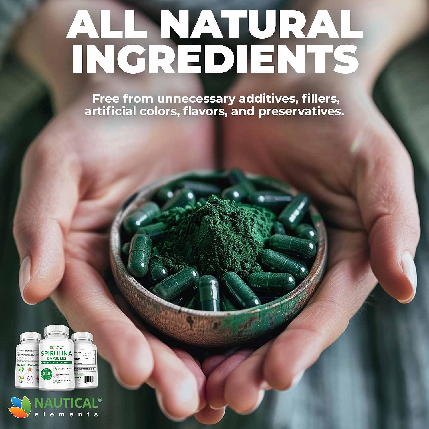 Cápsulas abiertas Nautical Elements Spirulina 3000mg para añadir a batidos.