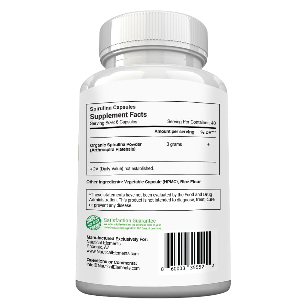 Detalle de cápsula Nautical Elements Spirulina 3000mg, textura suave.
