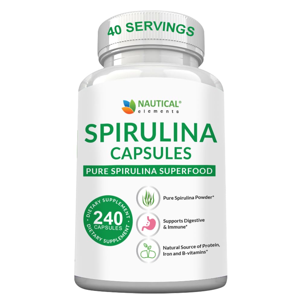 Cápsulas Nautical Elements Spirulina 3000mg en envase principal, fuente de proteína vegetal.