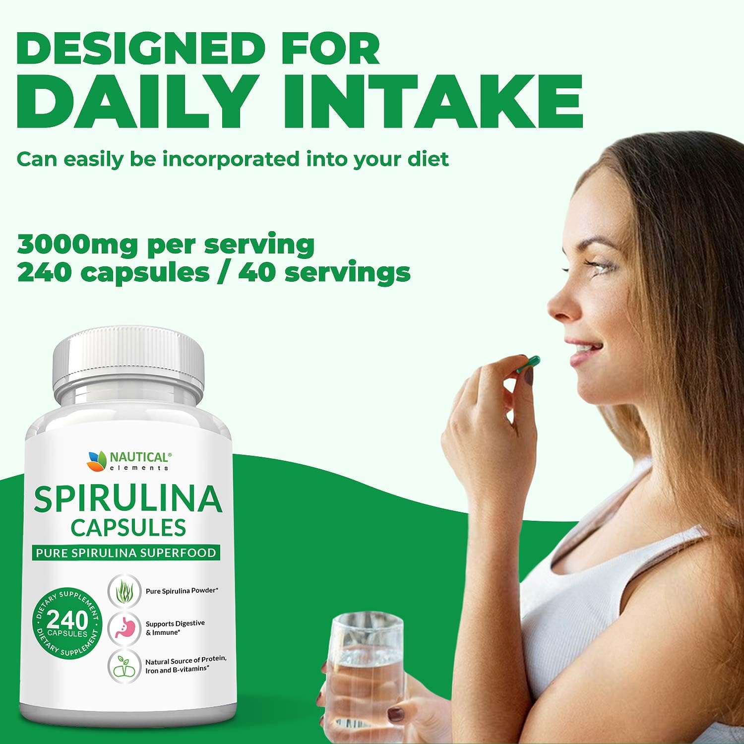 Polvo de spirulina verde Nautical Elements para batidos y aderezos.