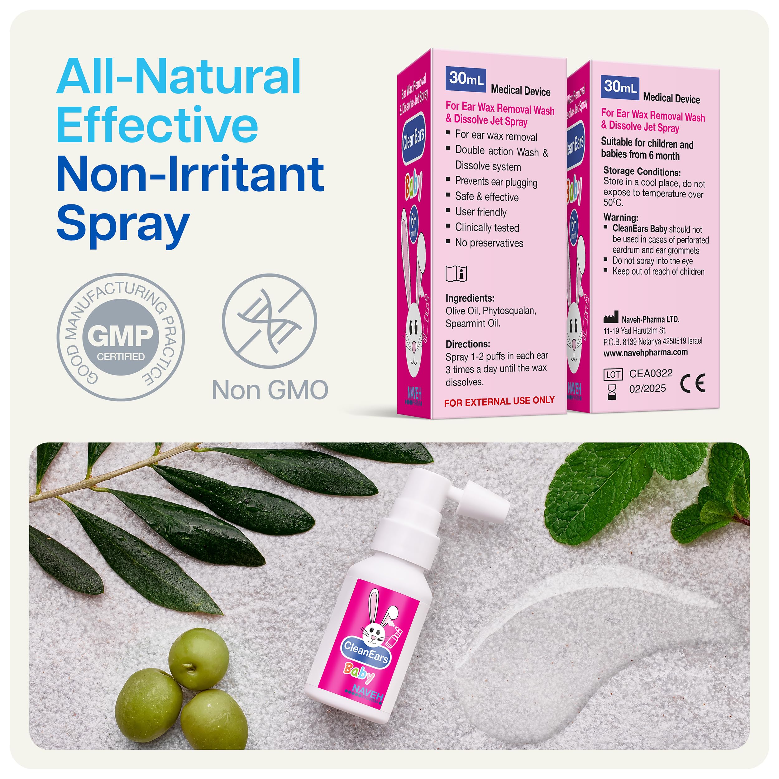 NAVEH PHARMA CleanEars Baby fórmula sin conservantes, suave