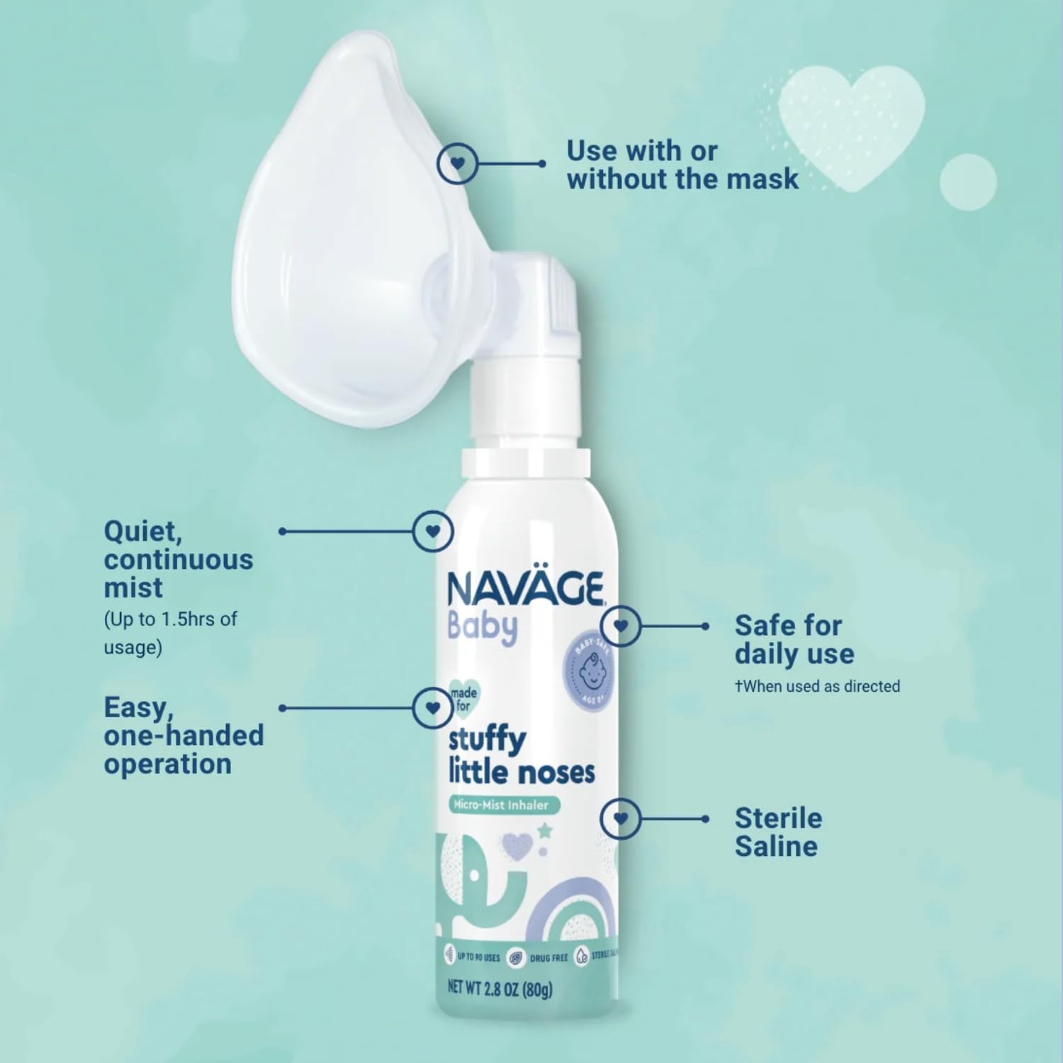 Navage Bebé: solución salina sin fármacos para congestión ocasional.