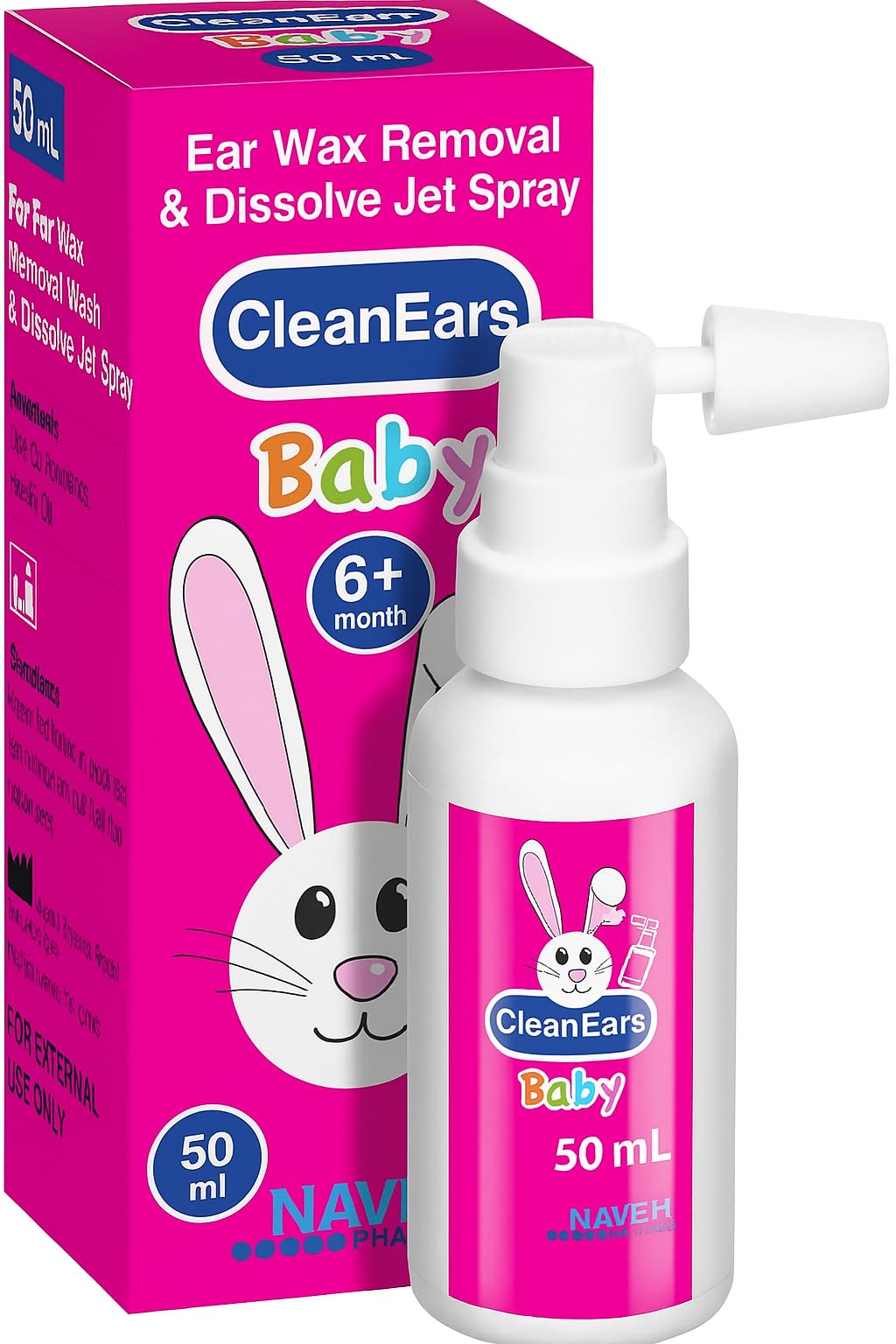 NAVEH PHARMA CleanEars Baby, envase cómodo para uso familiar en casa.