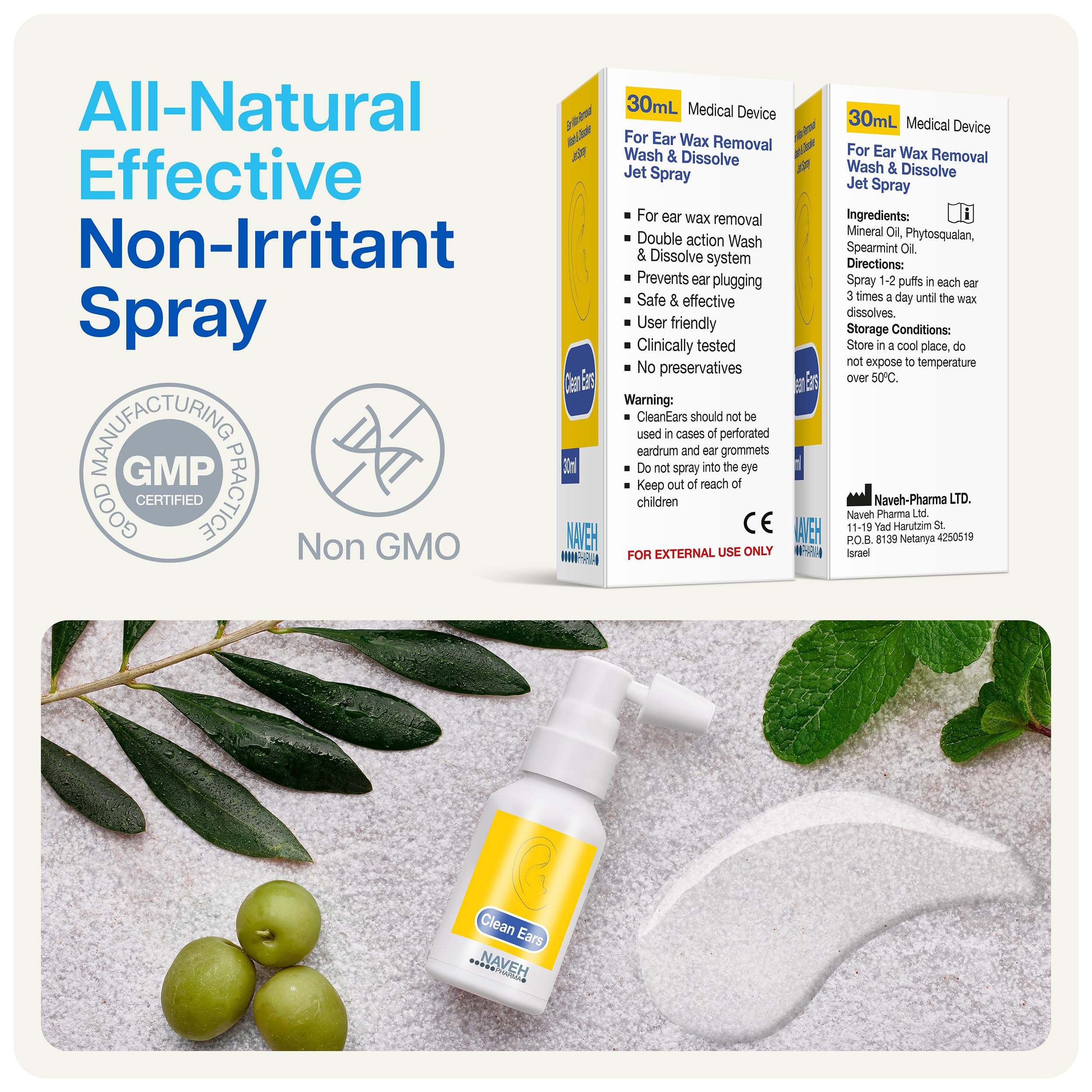 NAVEH PHARMA CleanEars, apto para toda la familia para uso regular.