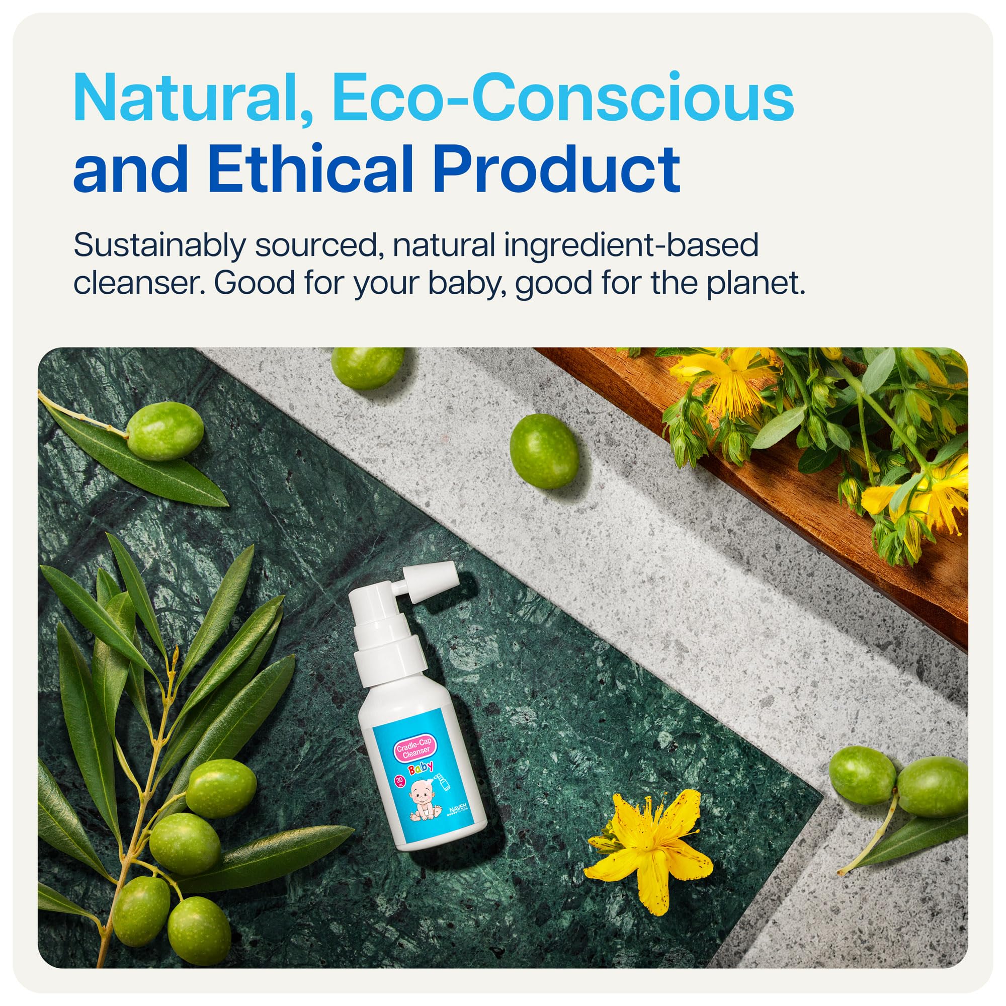 Envase natural y sostenible de NAVEH PHARMA para el cuidado del bebé.
