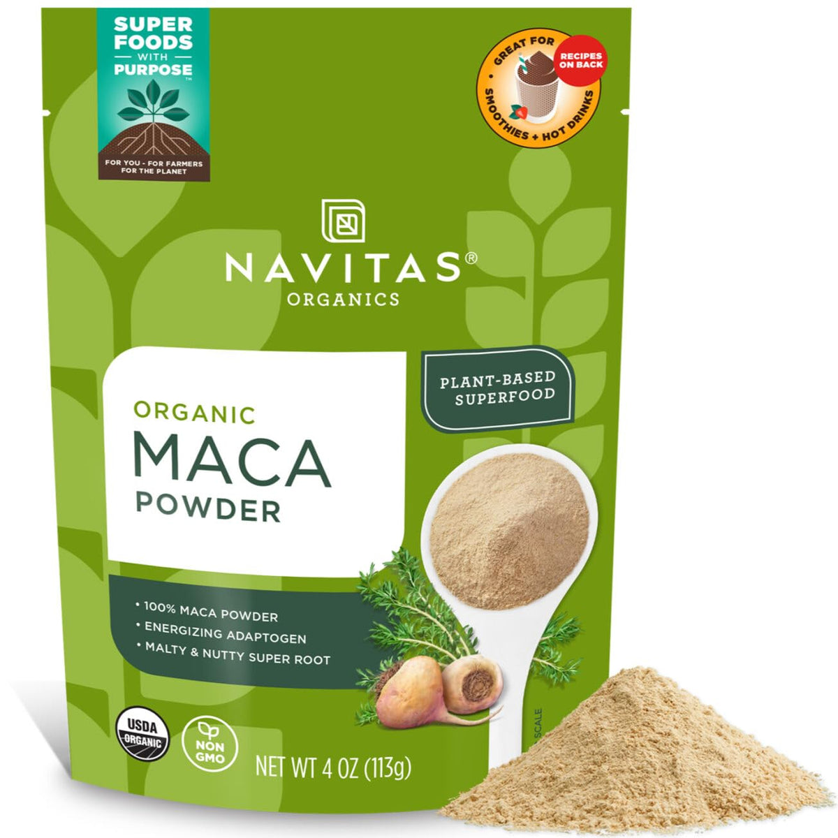 Polvo de Navitas Organics Maca en bolsa de 4oz para batidos.