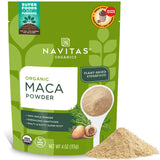 Polvo de Navitas Organics Maca en bolsa de 4oz para batidos.