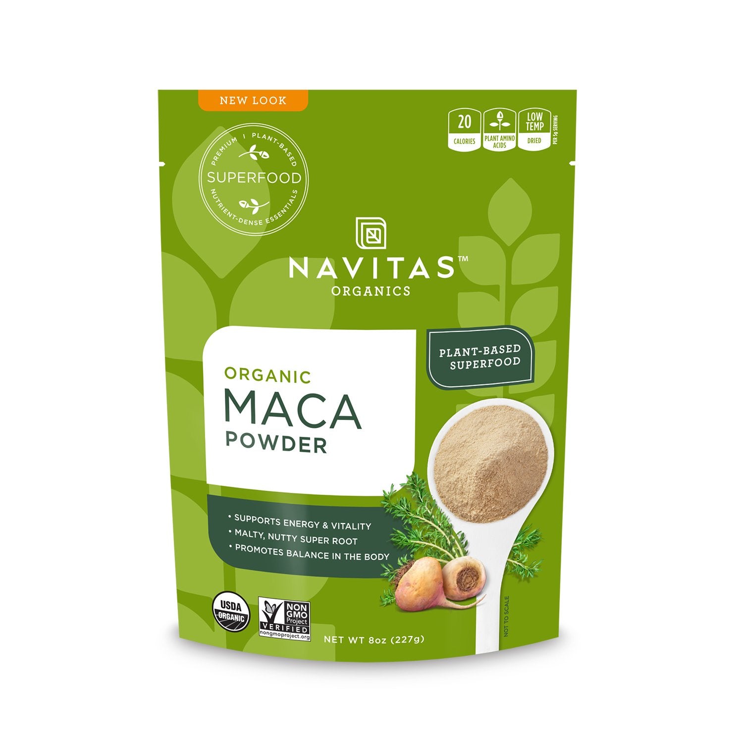 Navitas Organics Maca Polvo en bolsa de 8 oz para energía natural diaria.