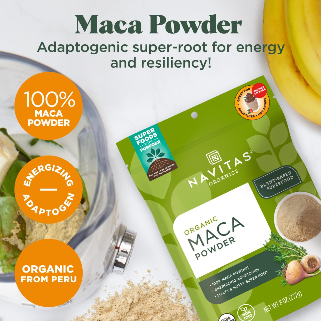 Maca Polvo de Navitas para latte caliente con sabor maltado.
