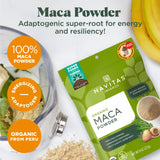 Maca Polvo de Navitas para latte caliente con sabor maltado.