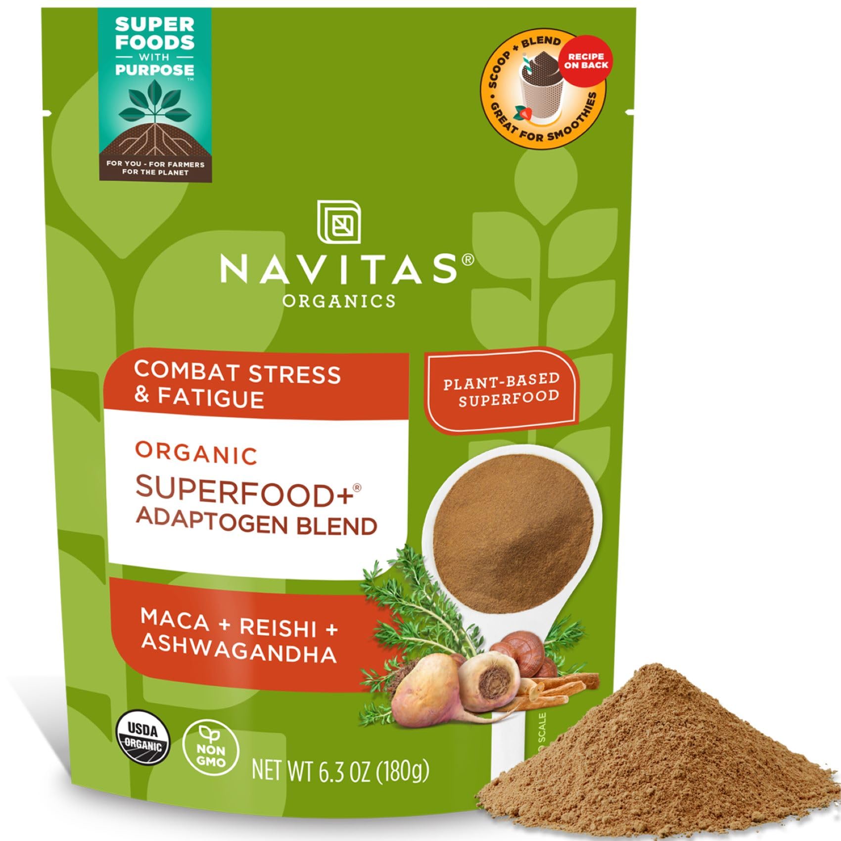 Navitas Organics Mezcla de superalimentos adaptógenos en empaque para revisión de calidad y facilidad de compra.