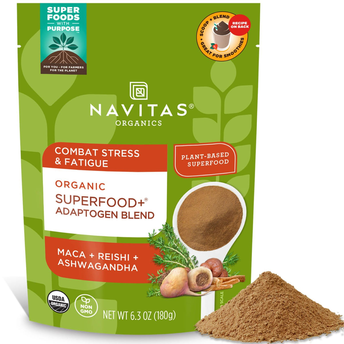 Navitas Organics Mezcla de superalimentos adaptógenos en empaque para revisión de calidad y facilidad de compra.