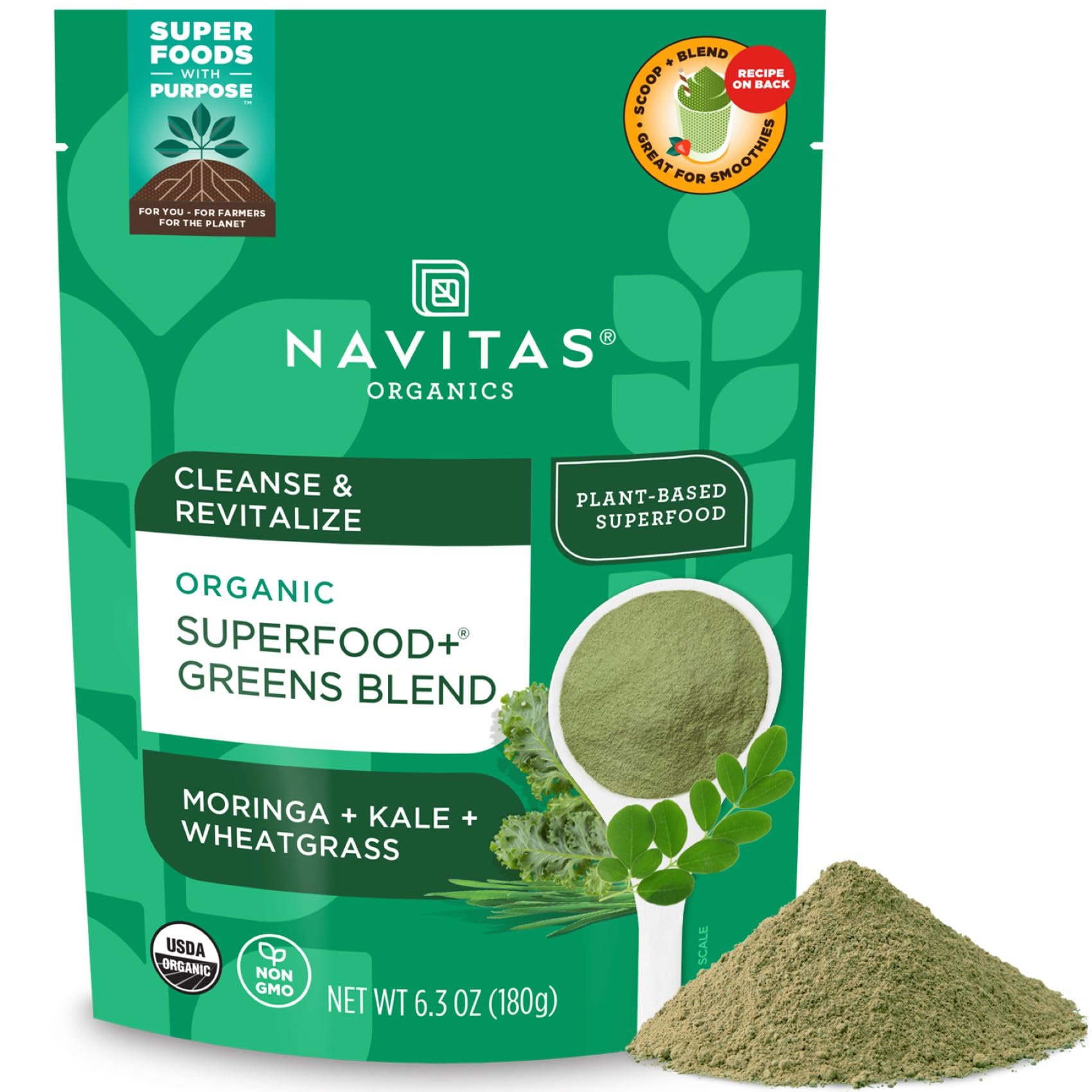 Navitas Organics Superfood+ Greens: bote abierto, ideal para empezar una rutina saludable.