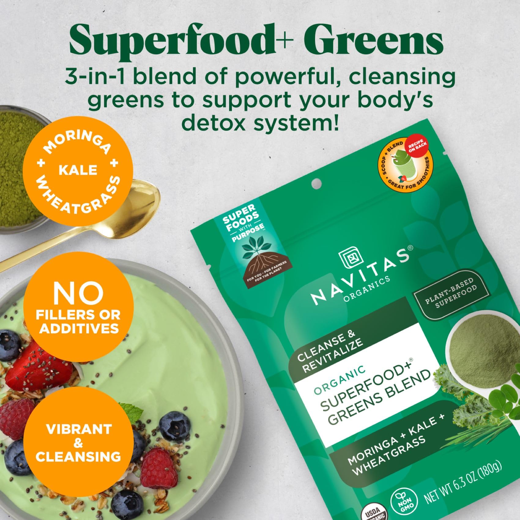 Navitas Organics Superfood+ Greens: polvo disuelto en agua, batido nutritivo para el día.