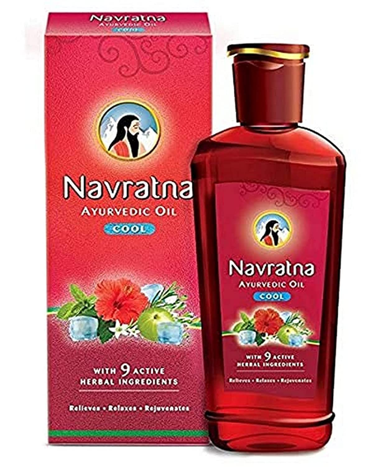 Navratna Cool Oil en frasco, ideal para masaje relajante y sensación refrescante.