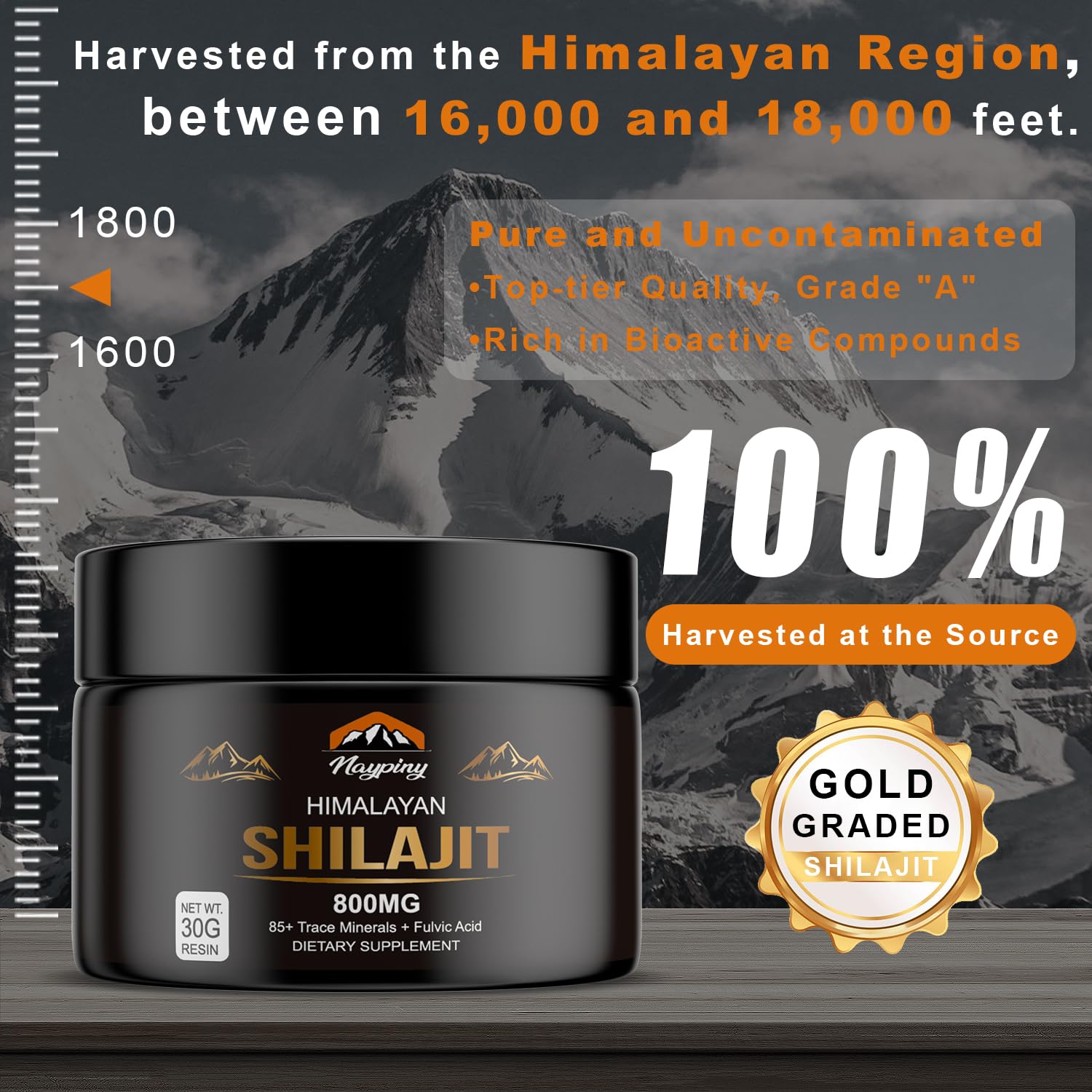 naypiny frasco Shilajit oro 800 mg, pureza y potencia en cada dosis.