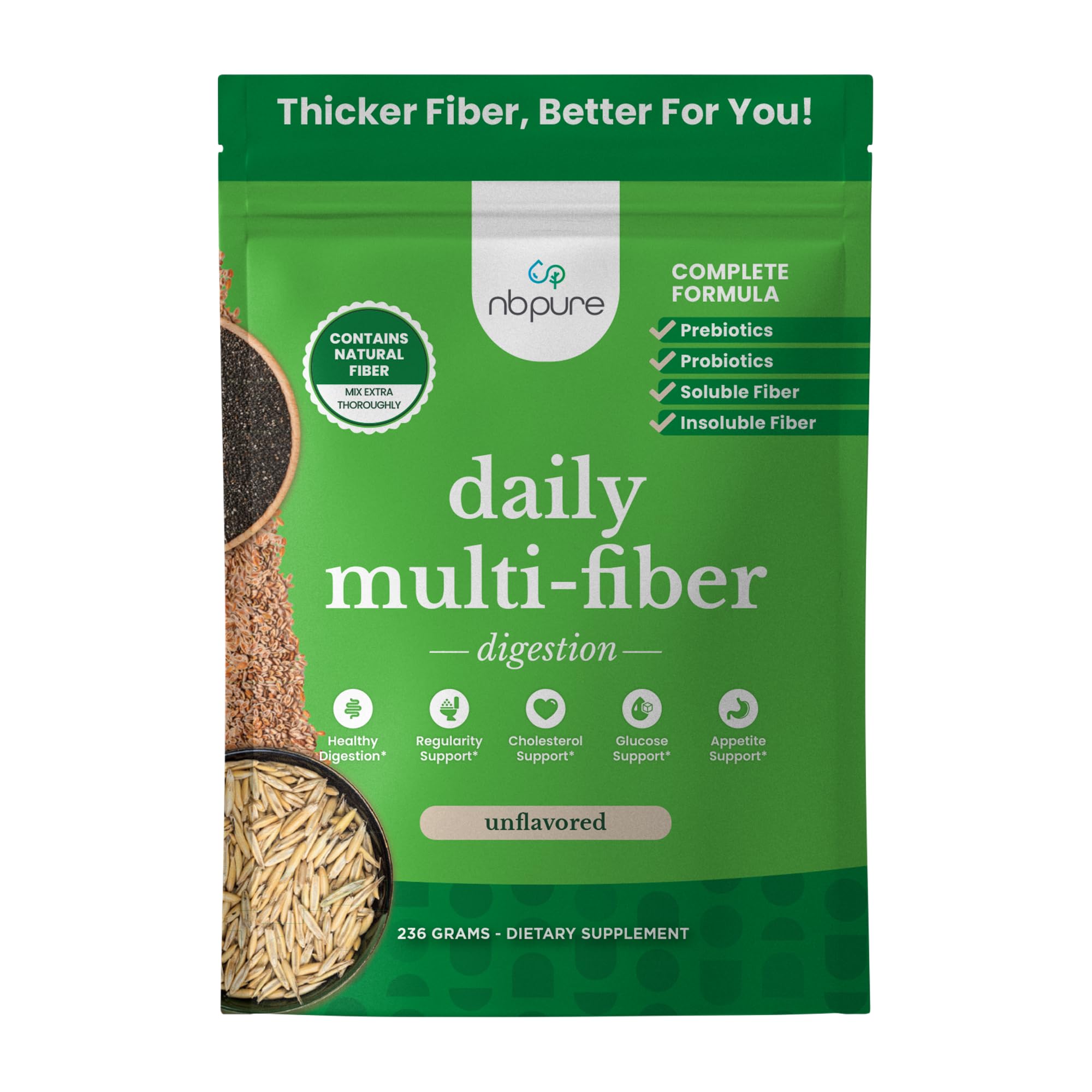 nbpure Daily Fiber en bote, polvo suave para apoyo digestivo diario