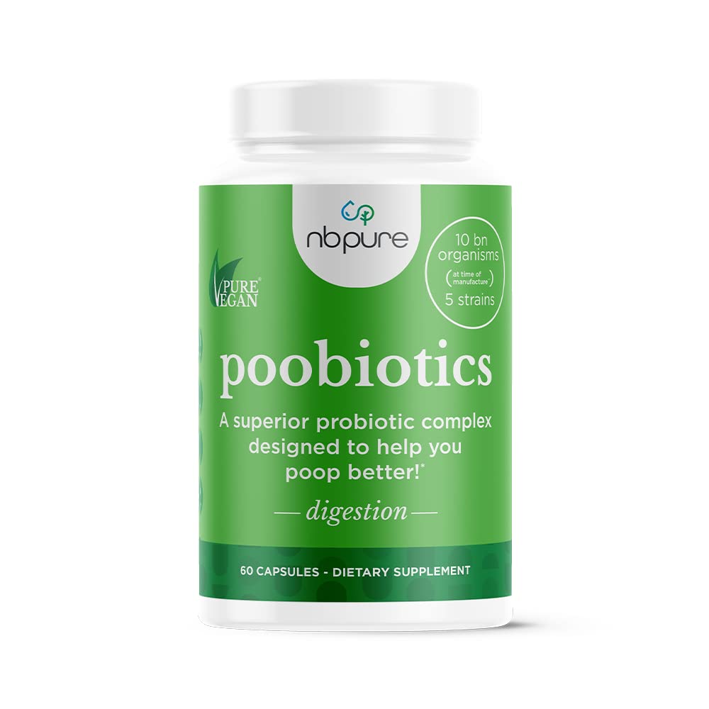 nbpure Poobiotics, bote de cápsulas, apoyo digestivo diario y equilibrio del microbioma.