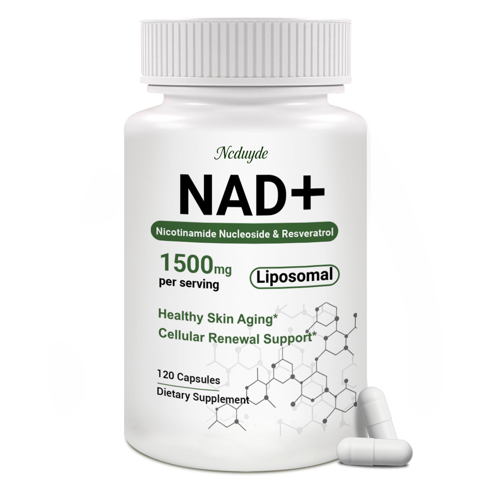 Ncduyde NAD: bote de cápsulas 1500 mg para energía sostenida.