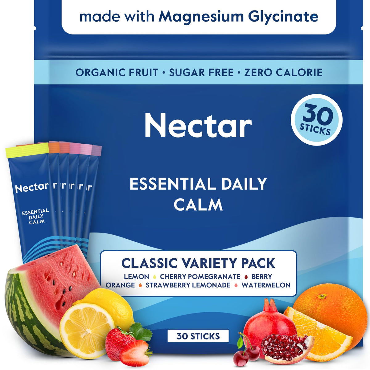 Nectar Calm empaque de sticks de magnesio glicinato para relajación diaria