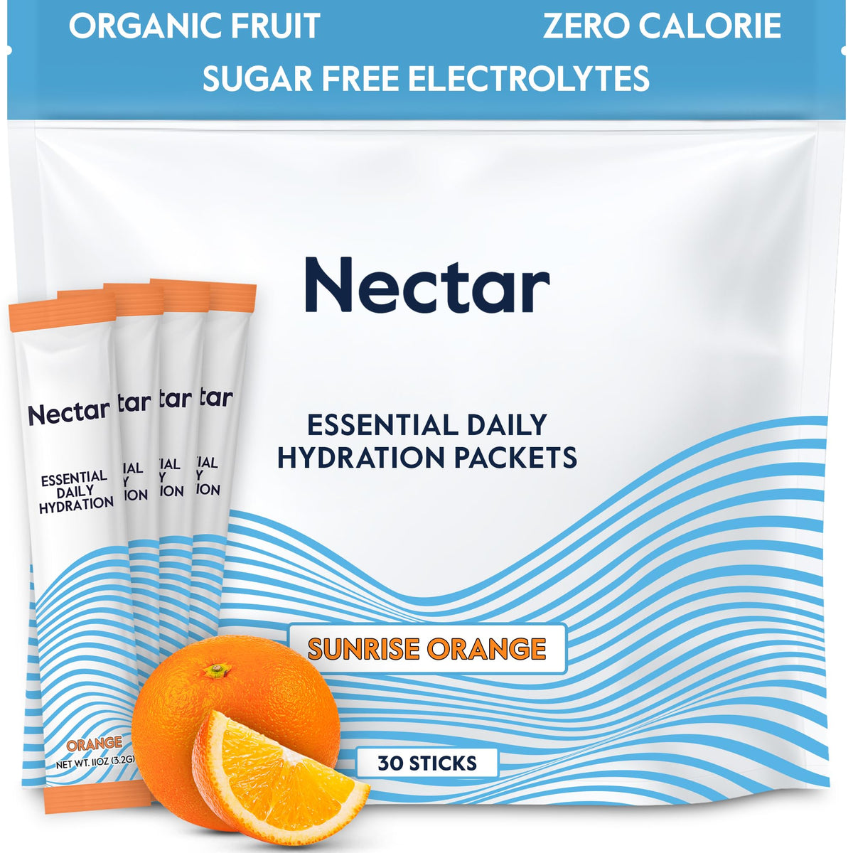 Nectar hidratación en polvo, caja sabor naranja para hidratación rápida.