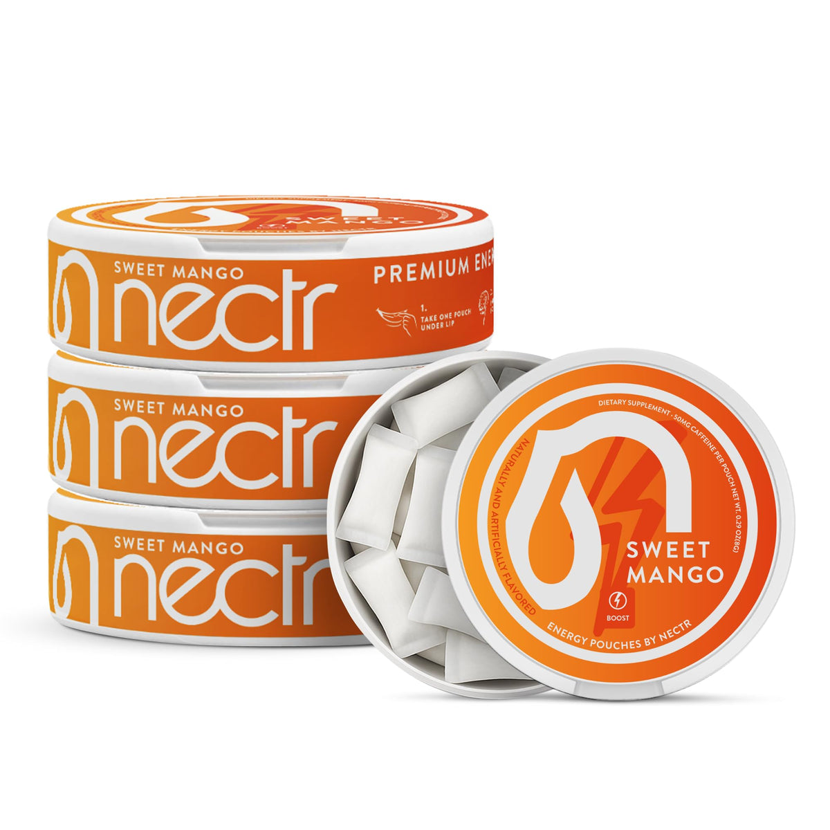 Nectr Energy bolsitas sabor mango 50 mg para enfoque rápido sin azúcar.
