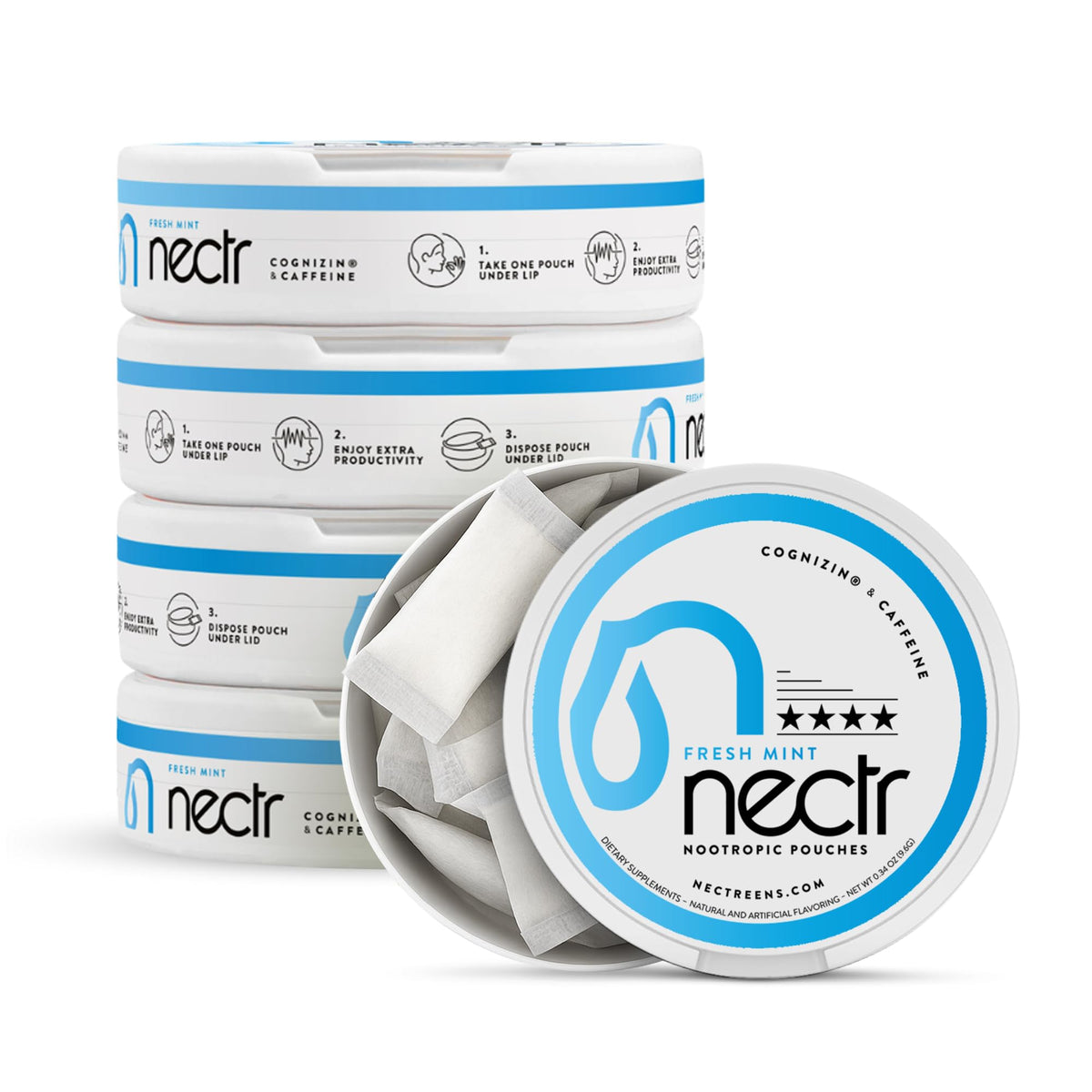 Nectr Bolsas Energéticas sabor menta fresca, vista frontal del empaque para energía suave