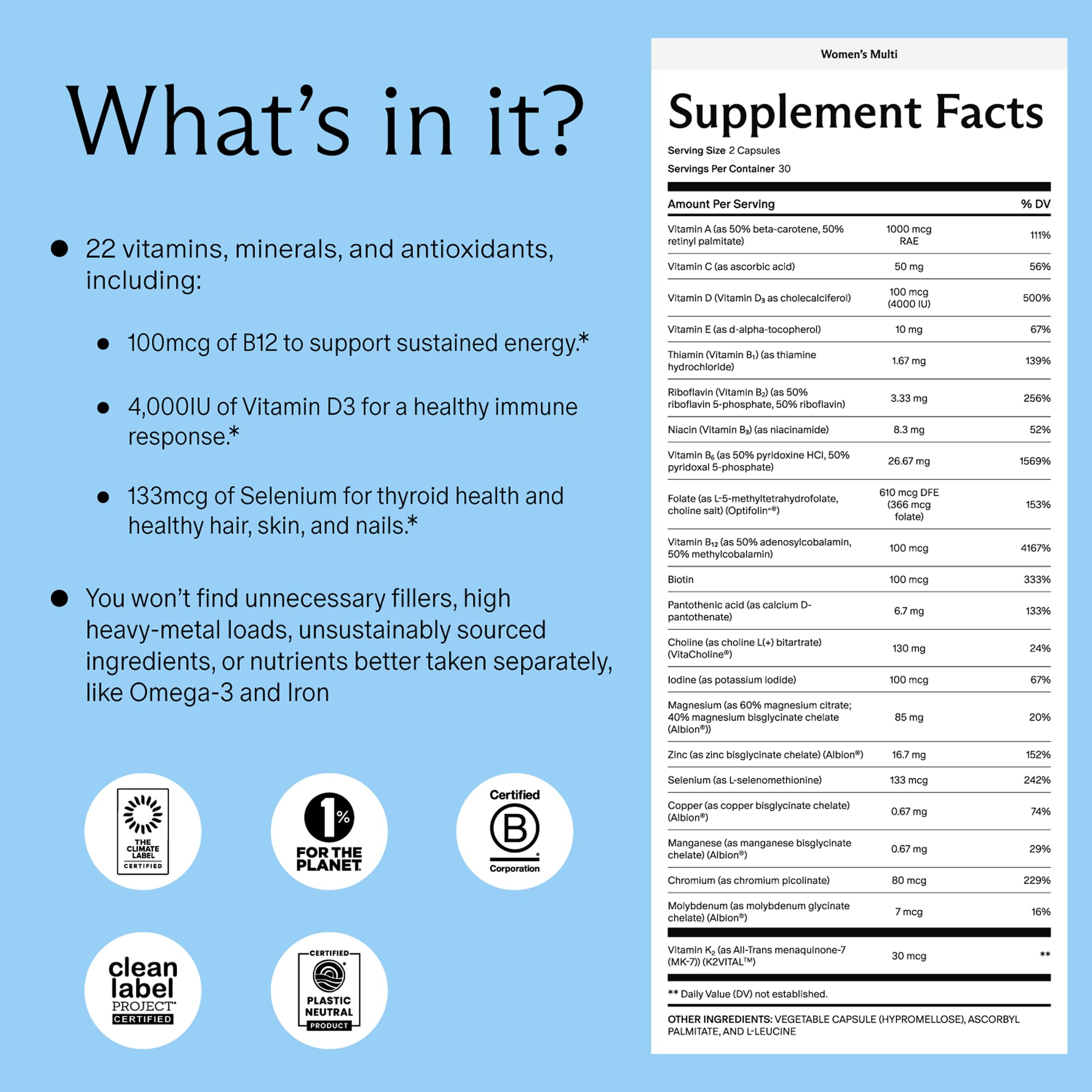 Needed multivitamínico para mujeres, cápsulas en un mosaico, nutrición completa