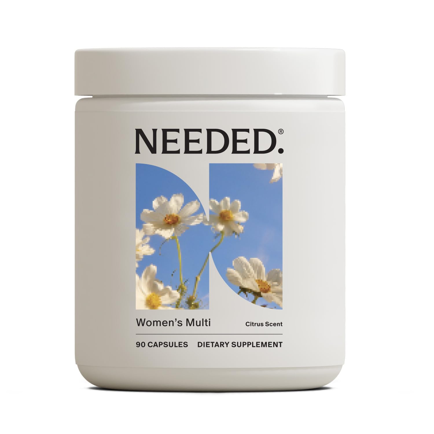 Needed multivitamínico para mujeres, botella cítrica, apoyo diario de energía y vitalidad.