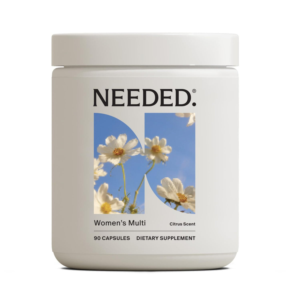 Needed multivitamínico para mujeres, botella cítrica, apoyo diario de energía y vitalidad.