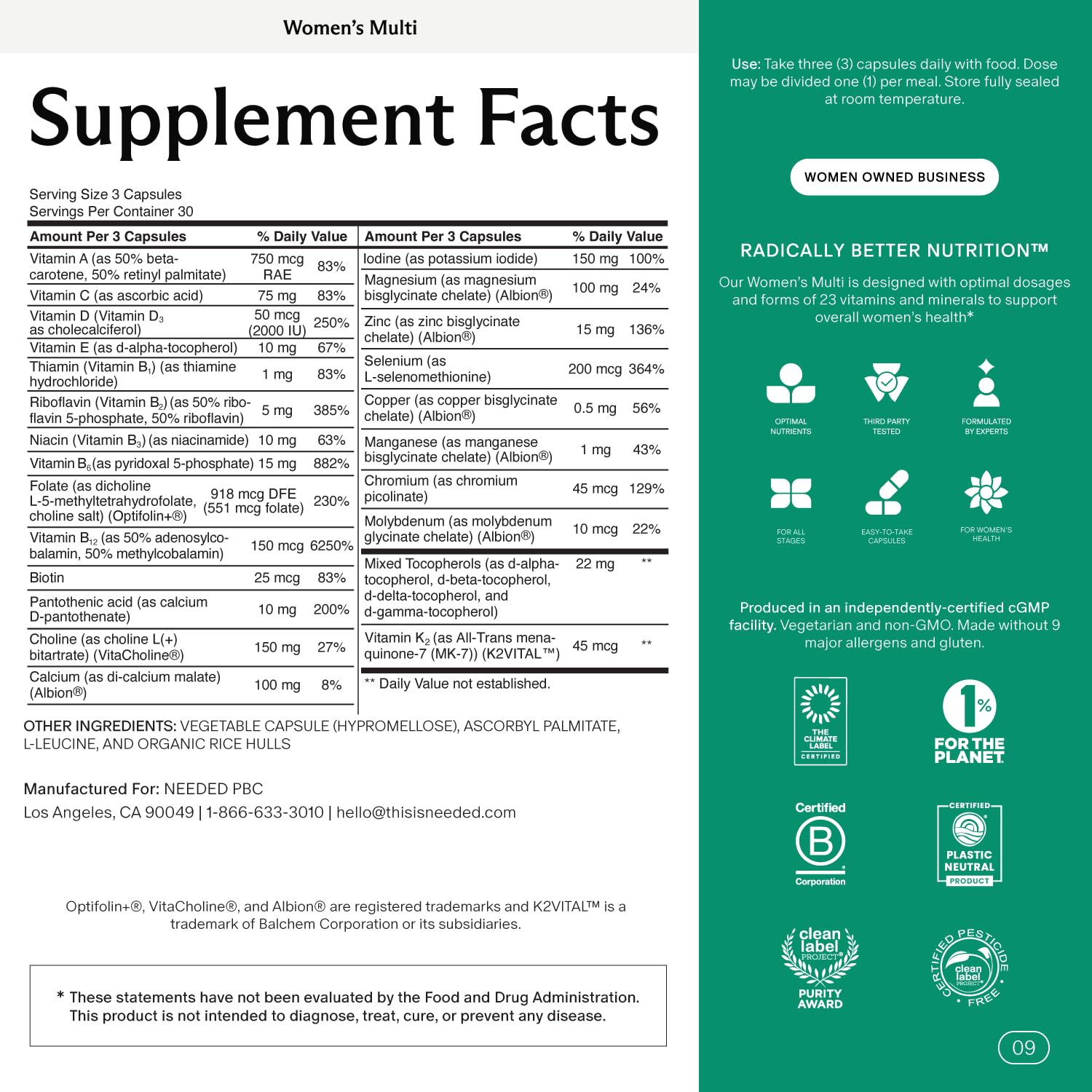 Needed multivitamínico para mujeres, etiqueta detallada, fórmula mejor absorbida para energía diaria.