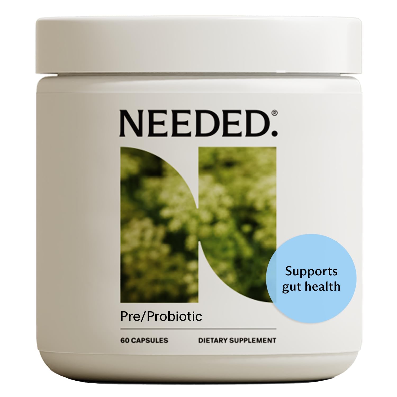 Needed Prebiotico-Probiotico: bote de cápsulas y equilibrio intestinal.