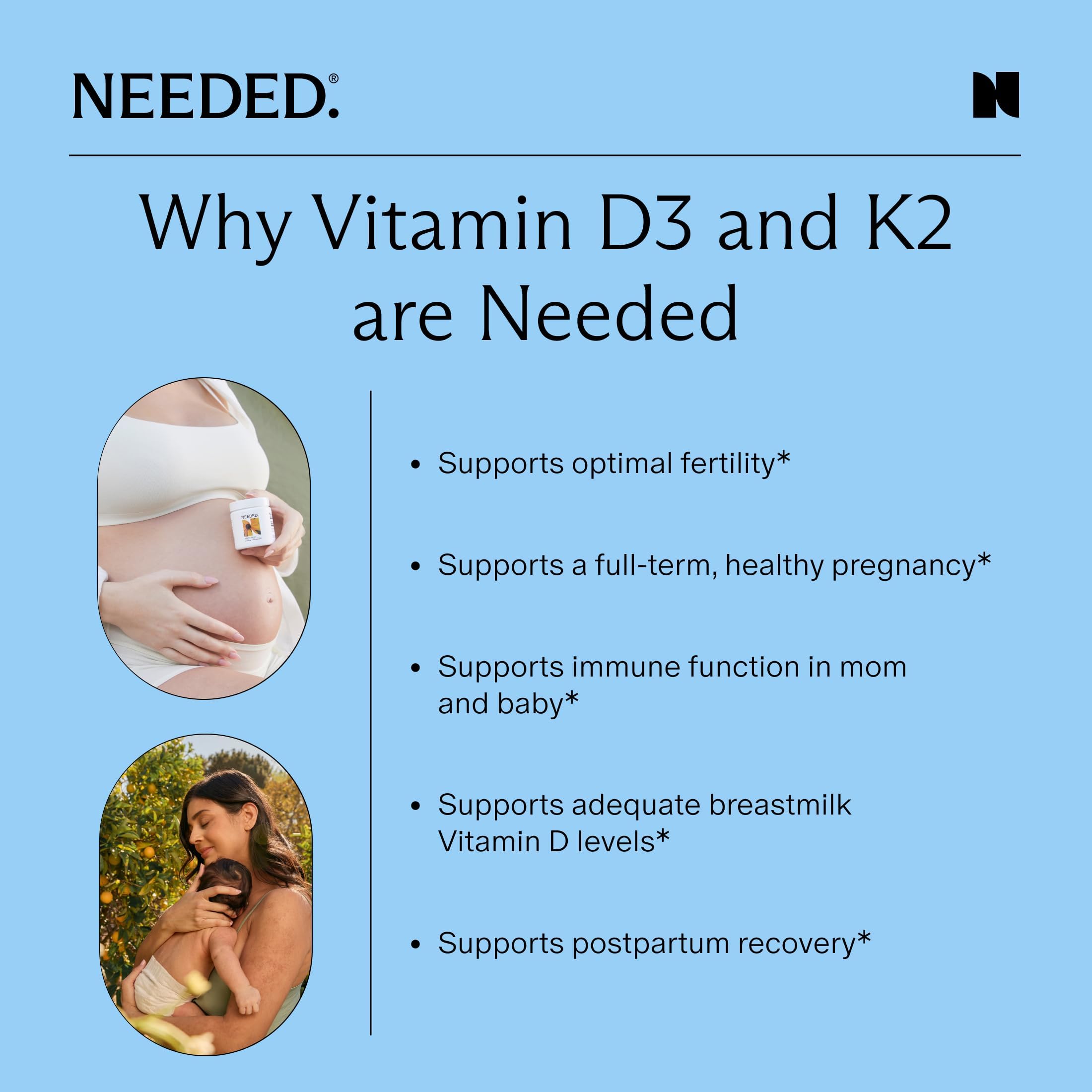 Envase compacto de Needed D3/K2 para toma diaria.