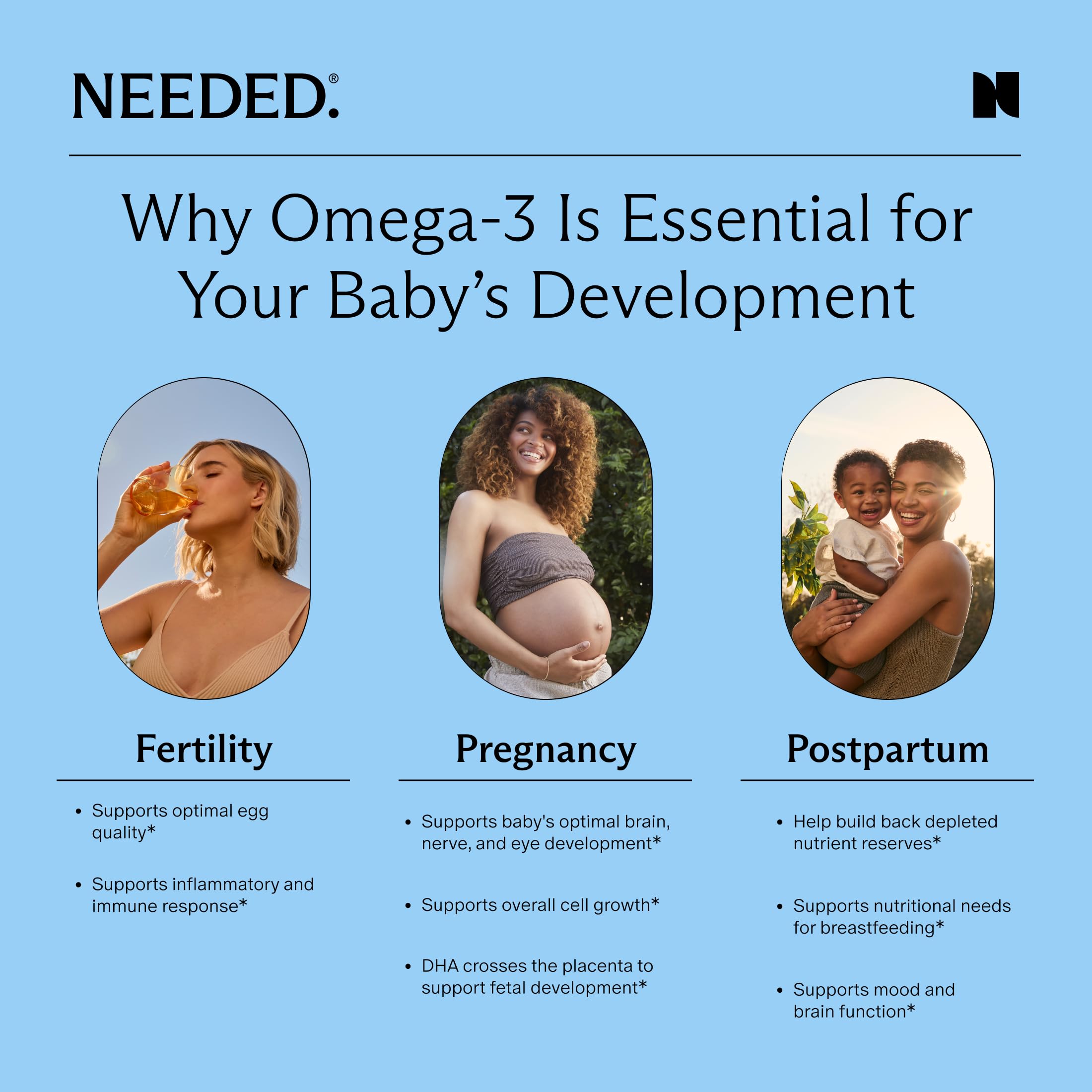 Needed Prenatal Omega-3, envase sostenible, opción vegana responsable.